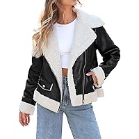 AUTOMET Womens Faux Shearing Fur Leather Jackets Thick Fur Lined Lapel Zipper Bomber Aviator Coat Winter Clothes