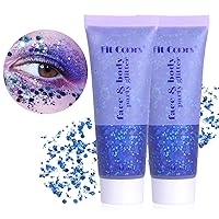 2 Pcs Blue Face Body Glitter, Face Glitter Gel for Singer Concerts Festival Rave Accessories, Long Lasting Chunky Sequins Glitters for Eye Lip Hair Nails, Sparkling Glitter Face Makeup 100ml (Blue)