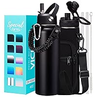 Water Bottle with Straw - 40 oz Stainless Steel Water Bottles, Big Water Jug Vacuum Insulated Waterbottle with Paracord Handle, Straw / Auto Spout Lid, Strap Sleeve, Metal Reusable Water Bottle Black
