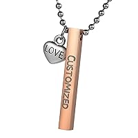 Custom Name Necklace Stainless Steel Pendant Necklace Personalized 4 Sides Vertical Cuboid Bar Necklace with Birthstones and Angel Wing Charm, Love Heart Charm, Family Member Charm