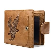 Mens Soft Leather Eagle Pattern Snap Wallet Credit Card Holder with Filp ID Window Brown