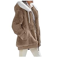 Trench Coats for Women, Womens Fleece Hooded Jacket Warm Fuzzy Coat Plus Size Long Sleeve Sherpa Coats with Pockets