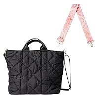 KEDZIE Cloud 9 Quilted Puffer Tote Bag Crossbody Purse (Black) & Interchangeable 2-Inch Bag Strap (Golden Hour V2)