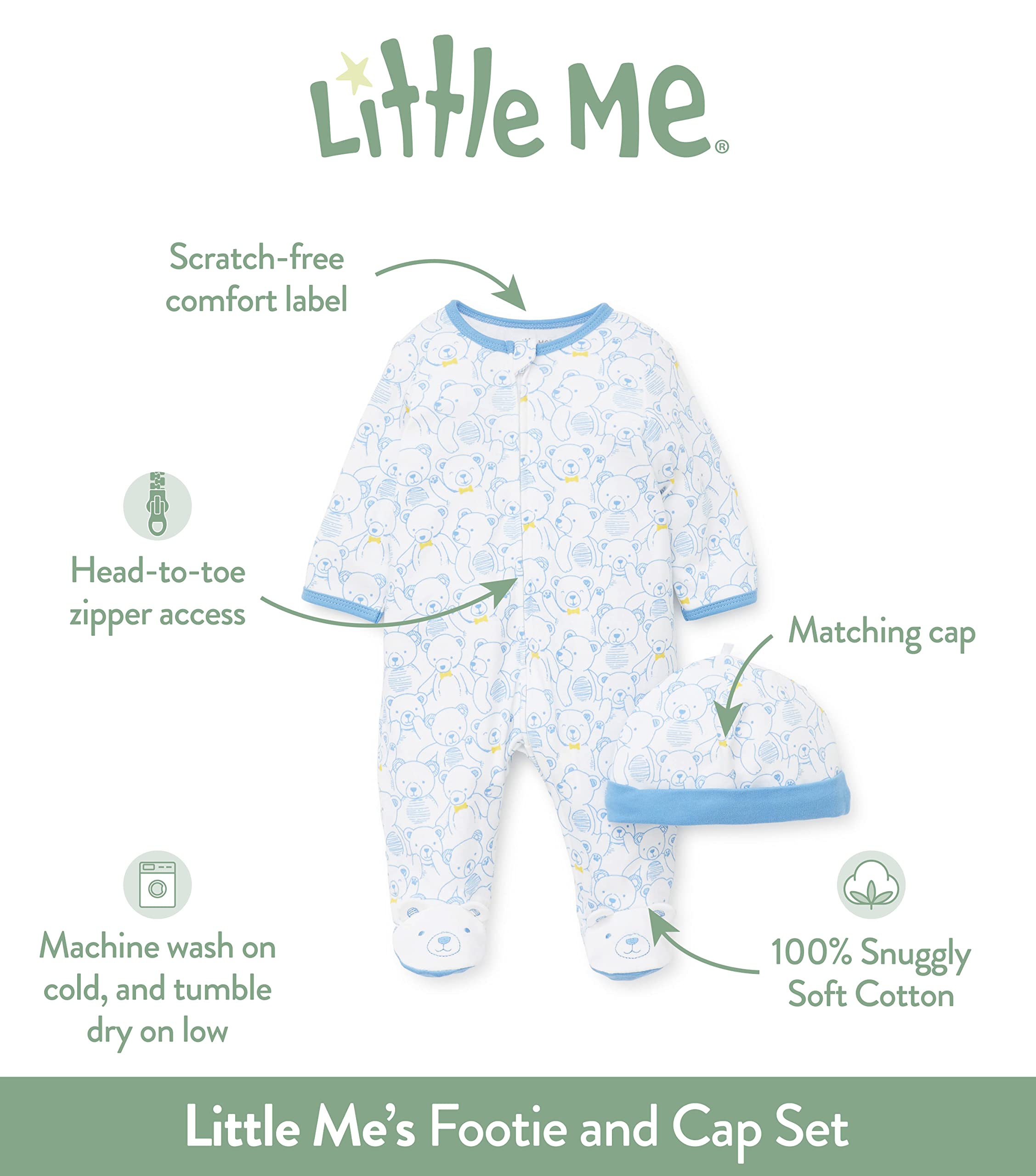 Little Me Baby Boys' 100% Cotton Scratch Free Tag 2-Piece Sleeper