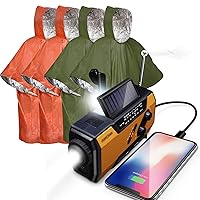 FosPower 2000mAh Emergency Weather Radio Portable Charger +Emergency Waterproof Rain Poncho [4 Pack] [Retains 90% Body Heat] Weather Resistant Raincoat