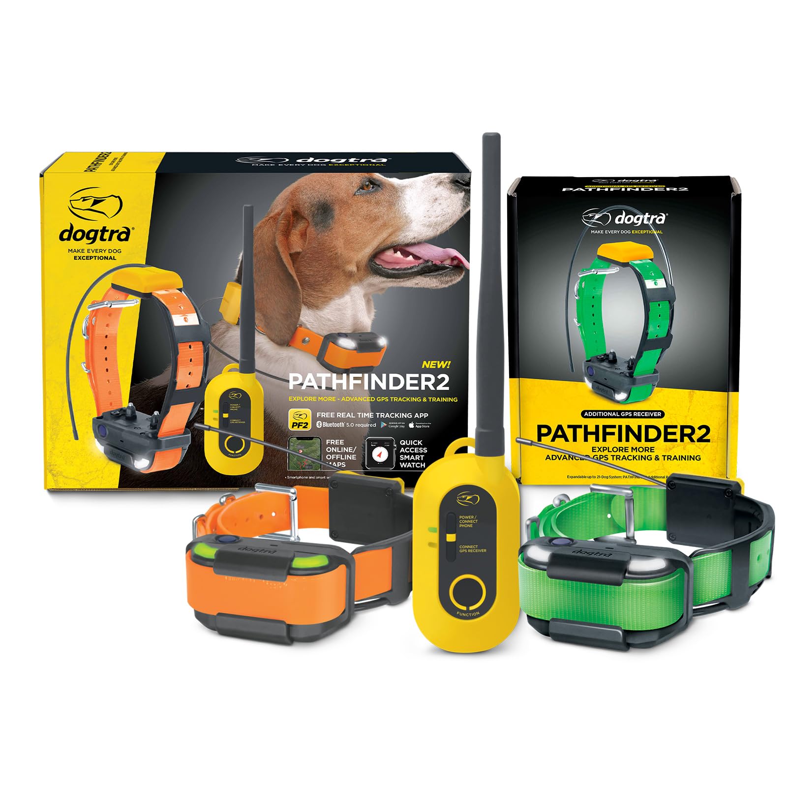 Dogtra 2 Dog Pathfinder 2 GPS Dog Tracker e Collar with PATHFINDER2 Green Add on Receiver LED Light No Monthly fees Free App Waterproof Smartwatch Control Long Range Multiple Dogs Smartphone Required