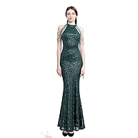 Womens Formal Mermaid Long Evening Prom Gowns Halter Crystals Sleeves Sequins Bridal Party Cocktail Dresses
