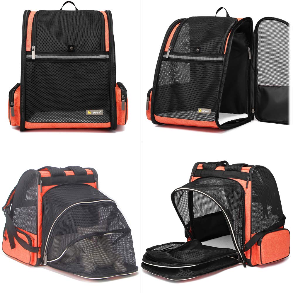 Texsens Pet Expandable Backpack Carrier for Dogs Cats Puppy - with Ventilated Breathable Mesh Expandable Bag - Designed for Traveling, Hiking & Outdoor Use(Orange)
