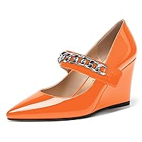 WAYDERNS Women's Pointed Toe Mary Jane Party Fashion Patent Metal Chain Decoration Magic Tape Wedge High Heel Pumps Shoes 3.3 Inch