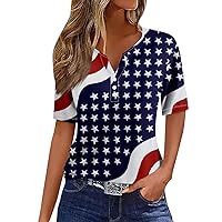 Women's Tops American Flag 4Th of July 2024 Cute Star Stripes Print Button Down V Neck Short Sleeve Tee Blouse