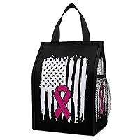 Breast Cancer Awareness American Flag Insulated Lunch Bag Foldable Portable Lunch Tote with Side Pockets for Women Men Picnic Beach