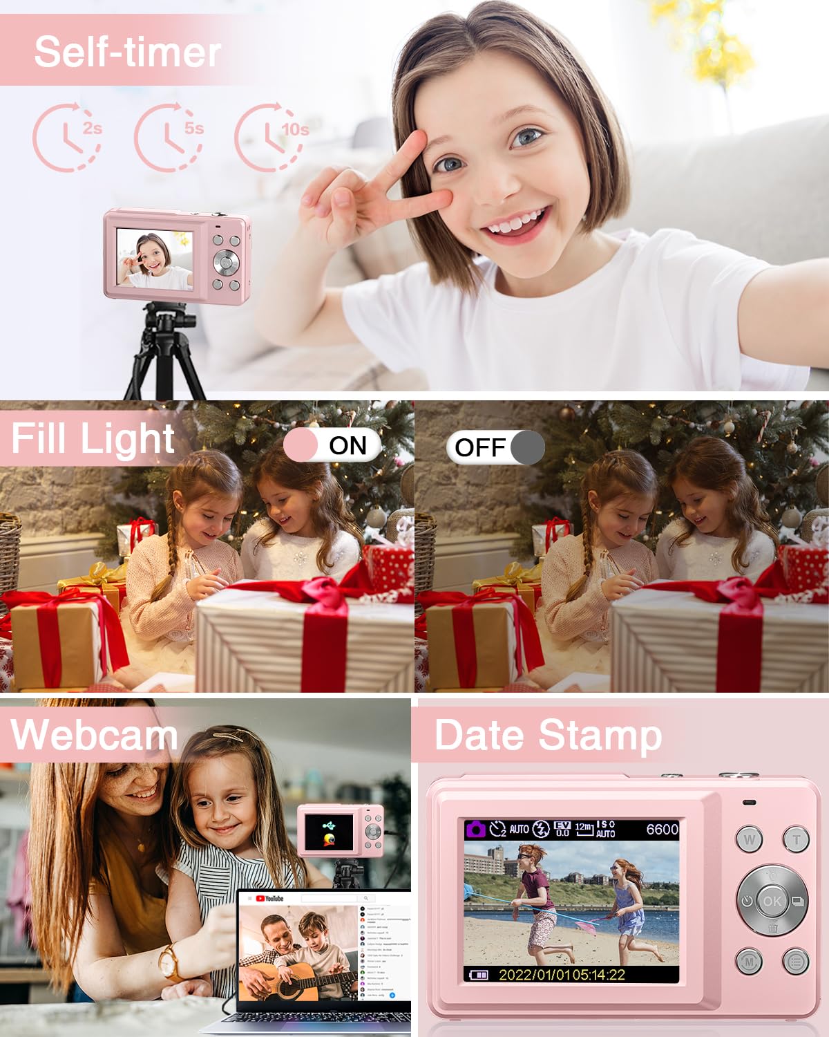 Digital Camera, FHD 1080P Kids Camera with 32GB Card, 2 Batteries, Lanyard, 16X Zoom Anti Shake, 44MP Compact Portable Small Point and Shoot Cameras Gift for Kids Student Children Teens Girl Boy(Pink)