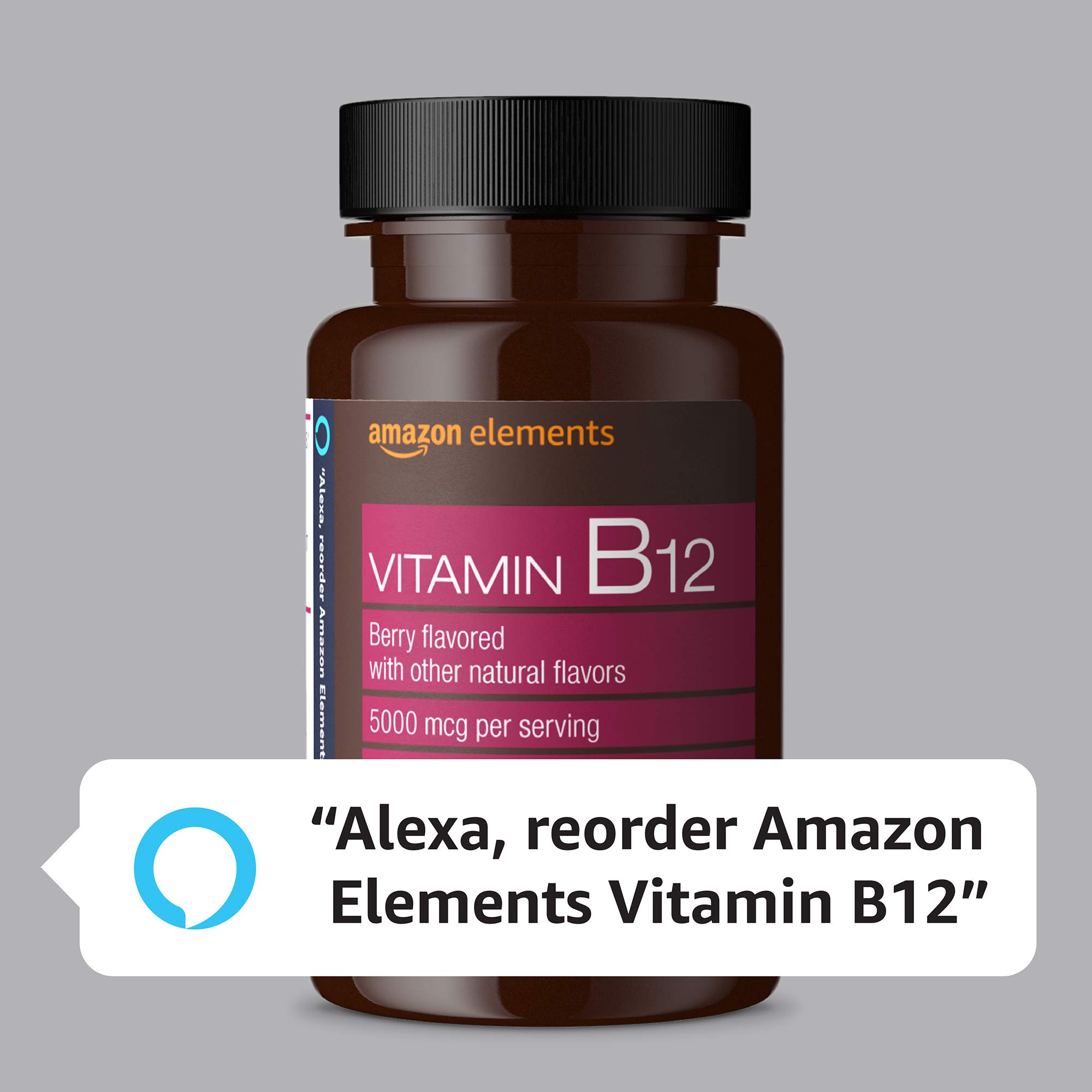 Amazon Elements Vitamin B12 Methylcobalamin 5000 mcg - Normal Energy Production and Metabolism, Immune System Support - 2 Month Supply, Berry Flavored Lozenges, 65 Count