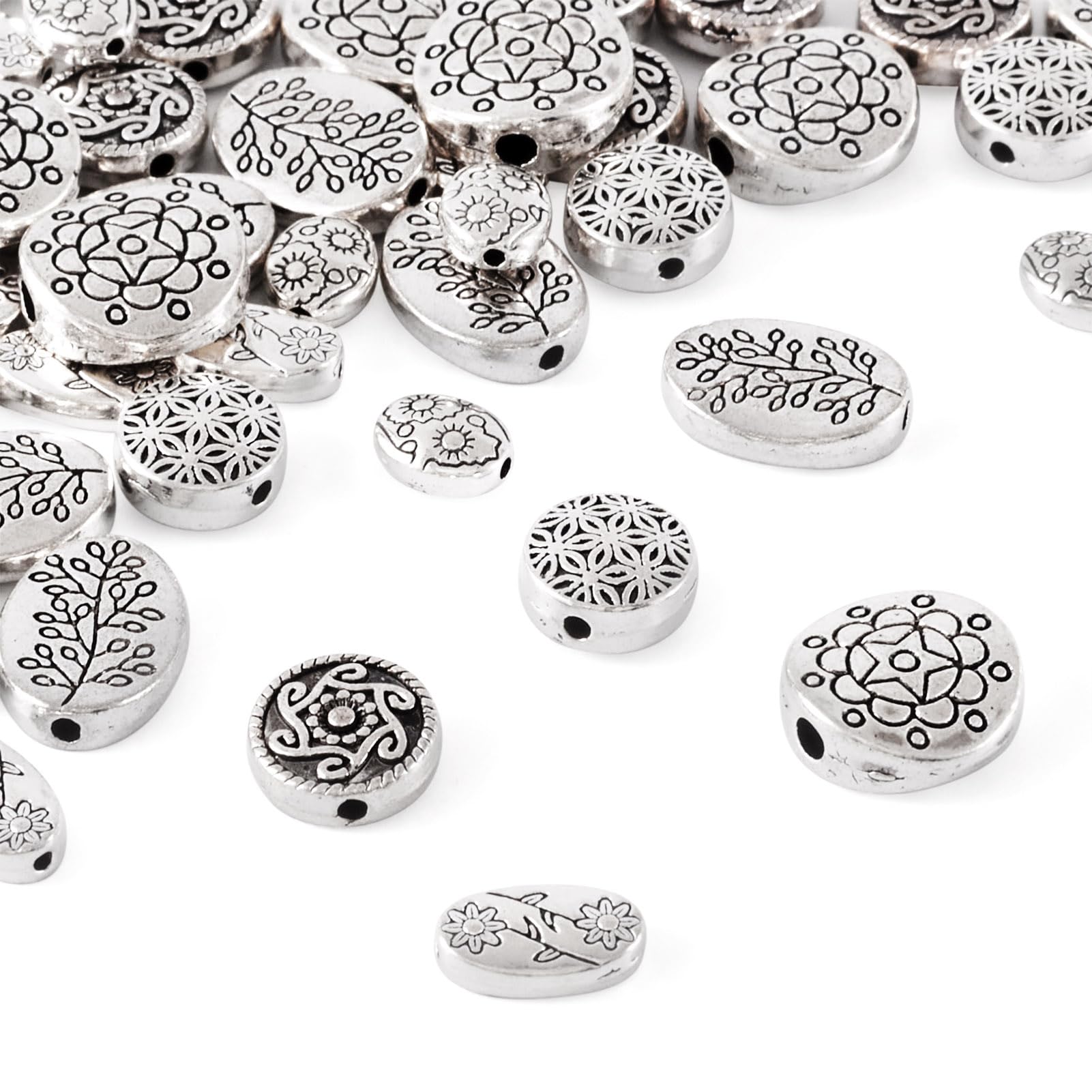 Pandahall 48Pcs Antique Silver Spacer Bead Tibetan Style Flower Spacer Beads 6 Style Alloy Rondelle Flat Round Oval Loose Bead Metal Spacer Beads for Bracelet Necklace Earring Jewelry Making