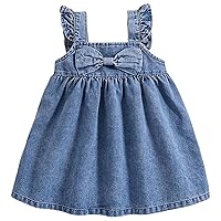 Infant Toddler Girls Casual Dress Flying Sleeve A-line Denim Dress Bow Knot Elastic Waistband Overall Dress