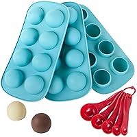 Webake Silicone Chocolate Candy Molds, Round Sphere Baking Molds for Cordial Truffle, Jello Pudding Ball Ice Cube Peanut Butter, Set of 3, Bonus Filling Scoop Set