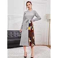 TLULY Sweater Dress for Women Floral Pattern Belted Pleated Sweater Dress Sweater Dress for Women (Color : Light Grey, Size : Small)