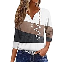 Women Henley Tops,3/4 Length Sleeve Womens Tops Button Henley V Neck Shirts Henley 2024 Summer Blouses Dressy Fashion Print Clothes Plus Size 3/4 Sleeve Tops for Women