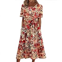 Casual Summer Spring Short Sleeve Midi Dress Trendy Plus Size Smocked Flowy Dress Elegant Formal Vintage Floral Dress