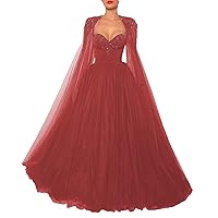 Women's Gothic A Line Tulle Long Prom Dress with Cape Sleeve Evening Party Dresses