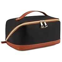 Makeup Bag Large Capacity Travel Cosmetic Bag Portable PU Leather Water Resistant Makeup Organizer Bags for Women with Handle and Divider Open Flat Black with Brown
