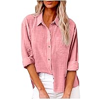 Lightning Deals of Today Clearance Cotton Linen Button Down Shirts for Women Long Sleeve Collared Work Blouse Trendy Loose Fit Summer Tops with Pocket