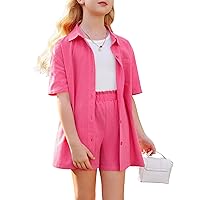 Girls 2 Piece Linen Set Kids Outfits Cotton Button Down Short Sleeve Collared Shirt Set 6-13 Years