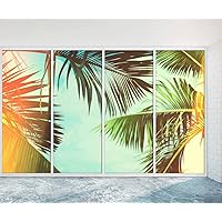 PVC Fake Window Wallpaper Coconut palm tree under blue sky Vintage Travel card Vintage effect Self-Adhesive Peel & Stick Wallpaper Wall Poster Sticker Creative Wall Mural Home Decor for Living Room