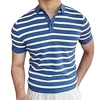 Knit Lapel Polos Shirt for Men Short Sleeve Strechy Vintage Striped Golf Tshirt Summer Slim Fit Color Block Fashion Dad Tee