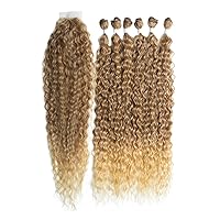 Synthetic Hair 30 Inches Kinky Wave Hair 6Bundles With Lace Closure 7Pieces/Pack Ombre Brown Long Kinky Curly Hair Synthetic Hair Weave Extensions for Women（T12/22A# 30 Inch 7Pcs）