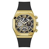 GUESS Men's 42mm Watch - Black Strap Black Dial Gold-Tone Case