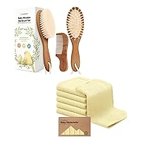 Keababies Baby Hair Brush and Baby Comb Set and Organic Baby Washcloths - Wooden Baby Brush with Soft Goat Bristle - Soft Baby Wash Cloths for Newborn, Kids, Craddle Cap Brush