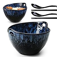 Ramen Bowl with Chopsticks and Spoons Set, 7 Inch Ceramic Noodle Bowl Set of 2, Dishwasher Safe for Pho Udon Soba Noodle Salad Pasta, Special Reactive Glazed Navy Bowls Set