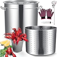 Stainless Steel Seafood Boil Pot with Basket, Stock Pot with Strainer Turkey Fryer Crab Crawfish Lobster Boil Pot with Injector Thermometer and High Temperature Resistant Gloves Kit (36.9 Qt)