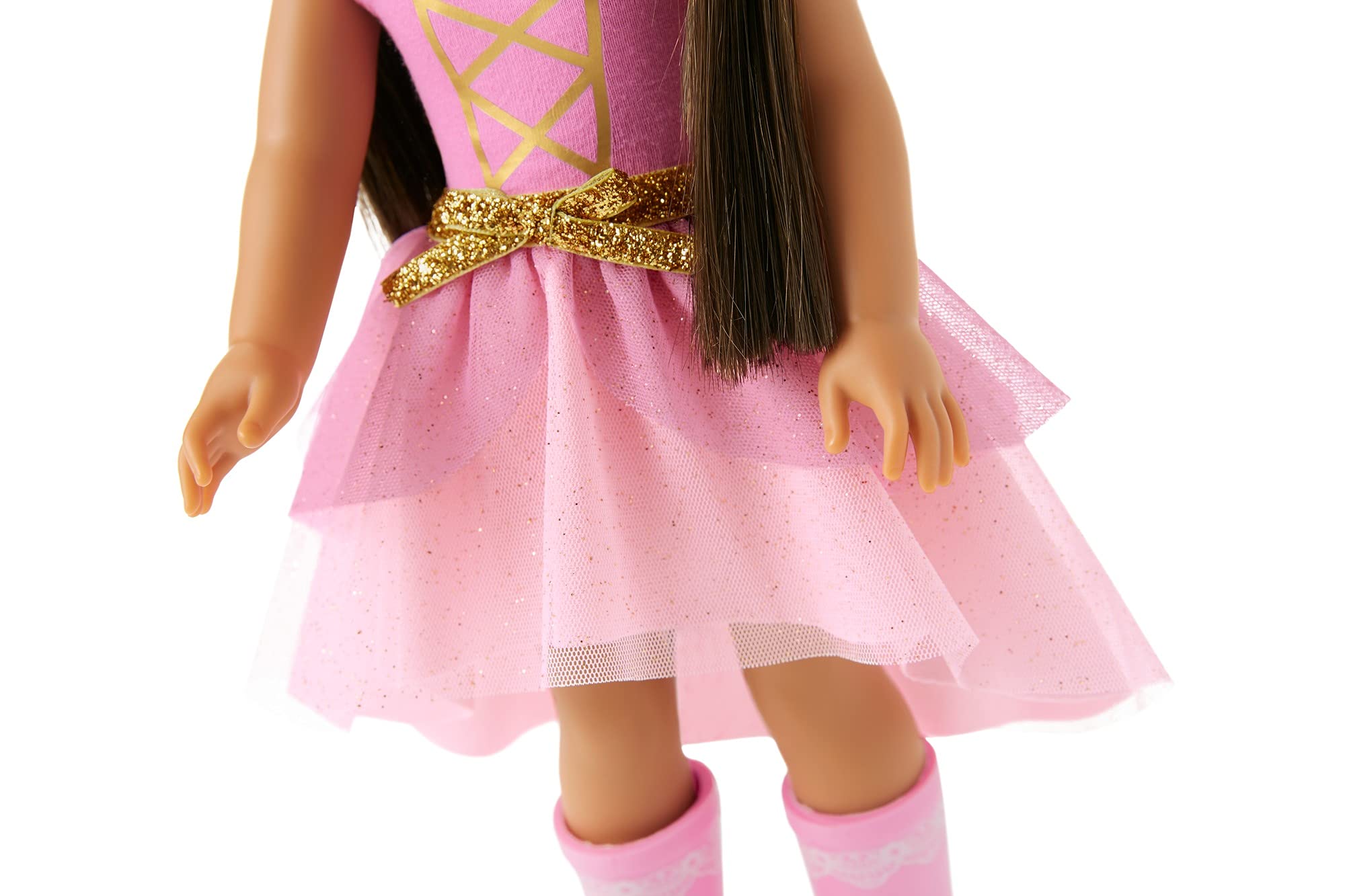 American Girl WellieWishers Ashlyn 14.5-inch Doll with Brown Eyes, Freckled Cheeks, Long Brown Hair, Petal-Pink Leotard, Detachable Pink Glitter Skirt, Ages 4+