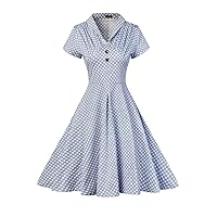 V-Neck Vintage Short Sleeve Tea Dress with 2 Bottons Swing Party Dress