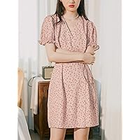 Summer Dresses for Women 2022 Ditsy Floral Print Puff Sleeve Knot Side Dress Dresses for Women (Color : Dusty Pink, Size : X-Small)
