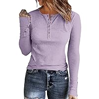 Womens Long Sleeves Ribbed Knit Tunic Shirts Scoop Neck Button Down Tops Casual Henley Tee Shirt Slim Fit Blouses
