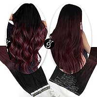 Moresoo Seamless Clip in Hair Extensions Human Hair Balayage Black to Burgundy Tape in Hair Extensions Human Hair Ombre Black to Red Wine (7pcs/120g +20pcs/50g) 22inch Bundle