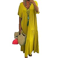 Womens Oversized Baggy Flowy Cotton Linen Maxi Dresses Summer Beach V Neck Casual Loose Floor Length Long Dress