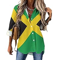 Jamaican Flag Long Sleeve Shirts for Women Print Fashion Casual Button Down Tee Tops