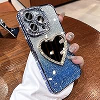 ( Make up Mirror ) (Sparkling Diamond ) Love Case for iPhone 15 14 13 12 Pro Max (Glitter Lens Protector ) Cover Shiny Rhinestone Heart for Women Girls Cases (Blue,for iPhone 14 Pro Max)