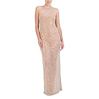 BCBGMAXAZRIA Women's Sleeveless Mock Neck Beaded Mesh Maxi Gown