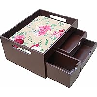 Wooden Serving Tray with Multi Drawers I Sturdy Tea Breakfast Kitchen Bedroom Platter with Handle I Spoon Knife Fork Napkin Tea Sugar Milk Sachets I Size 10”X8”X5” I Brown-RRF