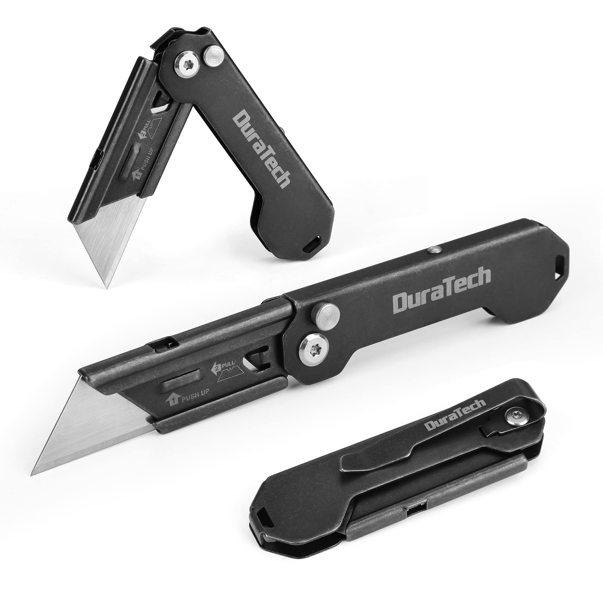 DURATECH 2 Pack Folding Utility Knife Set, EDC Box Cutter with Safety Axis Lock, Belt Clip, Quick-change Blade Mechanism, Full Stainless Steel Body and SK5 Sharp Blade, Small Pocket Razor Knife Set