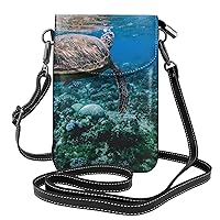 Funny Sea Turtle Women Small Messenger Bag, Leather Phone Bag Adjustable Shoulder Strap Phone Wallet