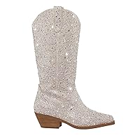 Women's Rhinestone Cowboy Boots Sparkly Knee High Boots Fashion Pointed Toe Block Heel Mid Calf Cowgirl Short Ankle Booties
