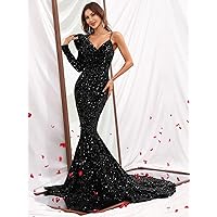 Women's Dress Dresses for Women Asymmetrical Neck Sequin Prom Dress (Color : Black, Size : Large)
