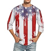 Mens Independence Day Shirt 3/4 Sleeve Crewneck American Flag Shirts Funny Graphic Workout Summer Tops Patriotic Tee