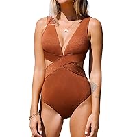 One Piece Swimsuit for Women Bathing Suit V Neck Cutout Sexy Swimwear Wide Straps Back Hook Shiny Texture